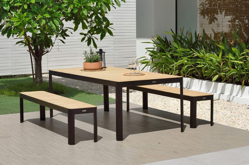 Ruokailuryhmä Portals 161 cm + 2 penkkiä - Musta/Puu - Puutarhakalusteet - Ulkoryhmä - Ruokailuryhmät ulos