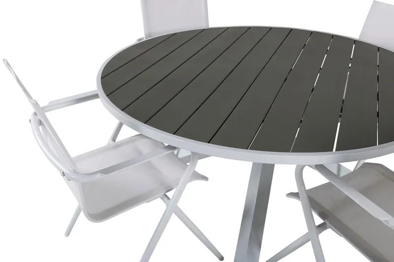 Ruokailuryhmä Parma Pyöreä 140 cm 4 Alina tuolia - Valkoinen/Harmaa - Puutarhakalusteet - Ulkoryhmä - Ruokailuryhmät ulos