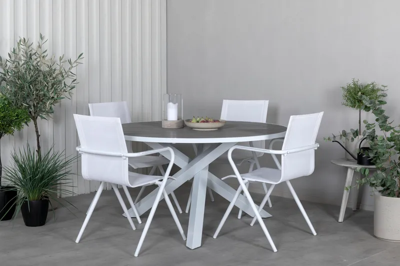 Ruokailuryhmä Parma Pyöreä 140 cm 4 Alina tuolia - Valkoinen/Harmaa - Puutarhakalusteet - Ulkoryhmä - Ruokailuryhmät ulos