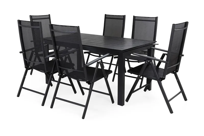 Ruokailuryhmä Portland 152-210x90 + 6 Maggie tuolia - Musta - Puutarhakalusteet - Ulkoryhmä - Ruokailuryhmät ulos
