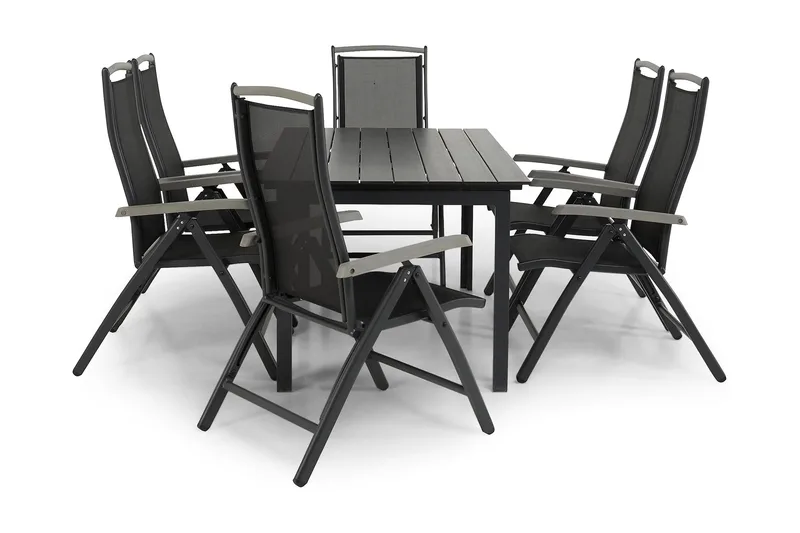 Ruokailuryhmä Portland 152-210x90 + 6 Monaco Lyx tuolia - Musta/Harmaa - Puutarhakalusteet - Ulkoryhmä - Ruokailuryhmät ulos