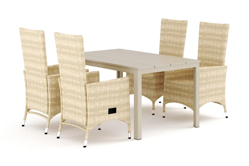Tunis ulkoruokailuryhmä 140x90 cm, 4 Jenny-ruokatuolia - Beige/Beige - Puutarhakalusteet - Ulkoryhmä - Ruokailuryhmät ulos