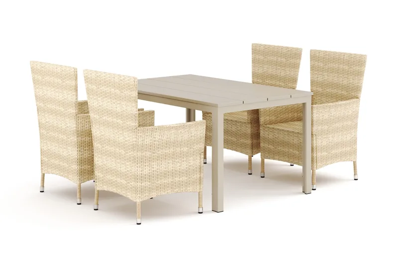 Tunis ulkoruokailuryhmä 140x90 cm, 4 Thor-ulkokäsinojatuolia, Beige/Beige