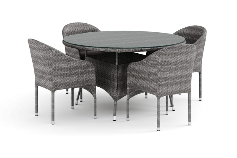 Thor-ulkokäyttöön tarkoitettu pyöreä ruokailuryhmä 140 cm, 4 Thor-nojaistuolilla - Harmaa - Puutarhakalusteet - Ulkoryhmä - Ruokailuryhmät ulos