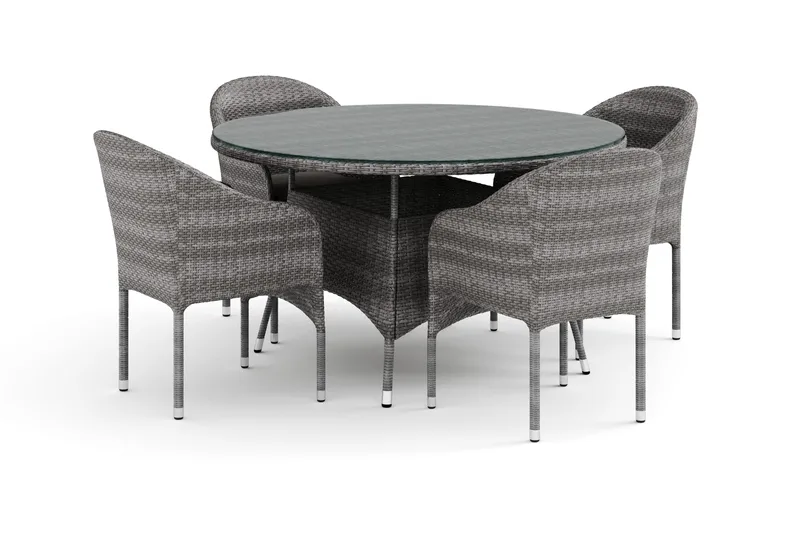Thor-ulkokäyttöön tarkoitettu pyöreä ruokailuryhmä 140 cm, 4 Thor-nojaistuolilla - Harmaa - Puutarhakalusteet - Ulkoryhmä - Ruokailuryhmät ulos