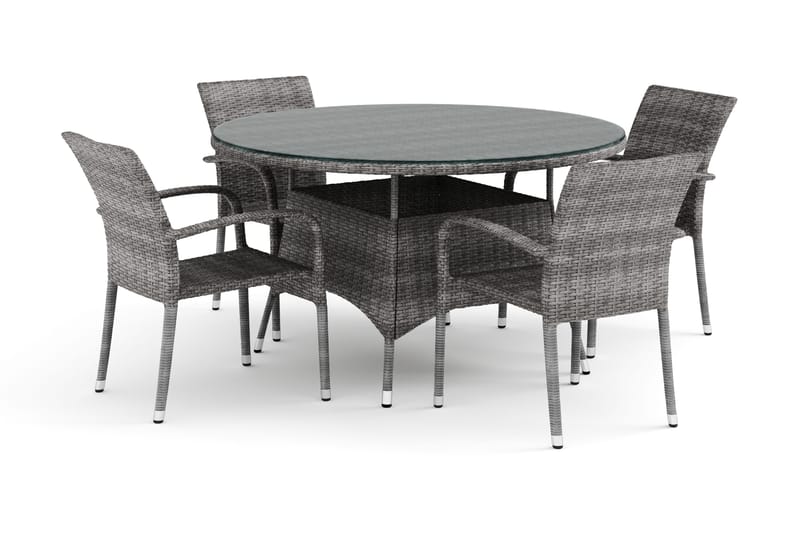 Thor-ulkokäyttöön tarkoitettu pyöreä ruokailuryhmä 140 cm, 4 Thor Light -ulkonojaistuolilla, Harmaa