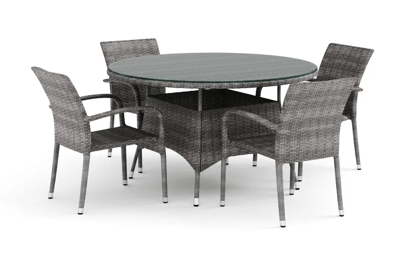 Thor-ulkokäyttöön tarkoitettu pyöreä ruokailuryhmä 140 cm, 4 Thor Light -ulkonojaistuolilla, Harmaa