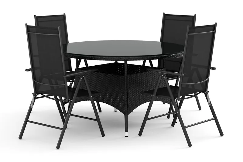 Thor-ulkokäyttöön tarkoitettu pyöreä ruokailuryhmä 140 cm, 4 säätötuolilla, Musta