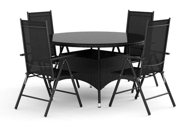 Thor-ulkokäyttöön tarkoitettu pyöreä ruokailuryhmä 140 cm, 4 säätötuolilla, Musta