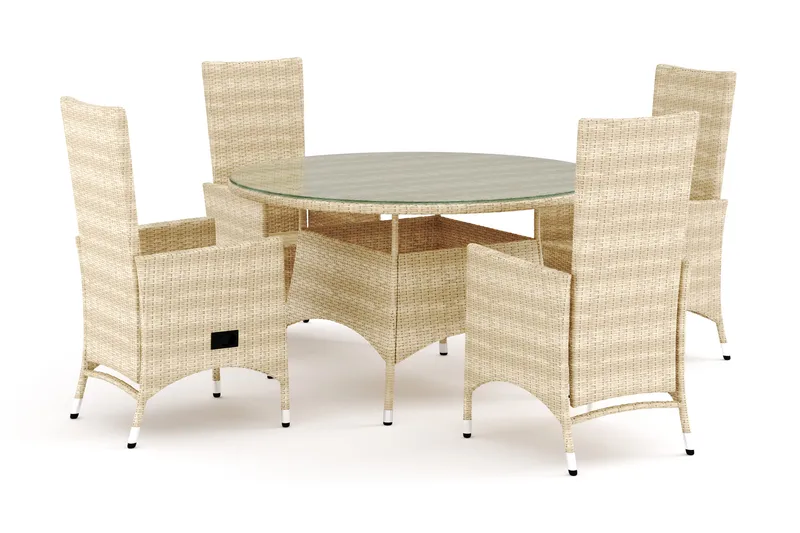 Thor ulkokäyttöön tarkoitettu pyöreä ruokailuryhmä 140 cm, 4 Jenny-ruokatuolia - Beige - Puutarhakalusteet - Ulkoryhmä - Ruokailuryhmät ulos