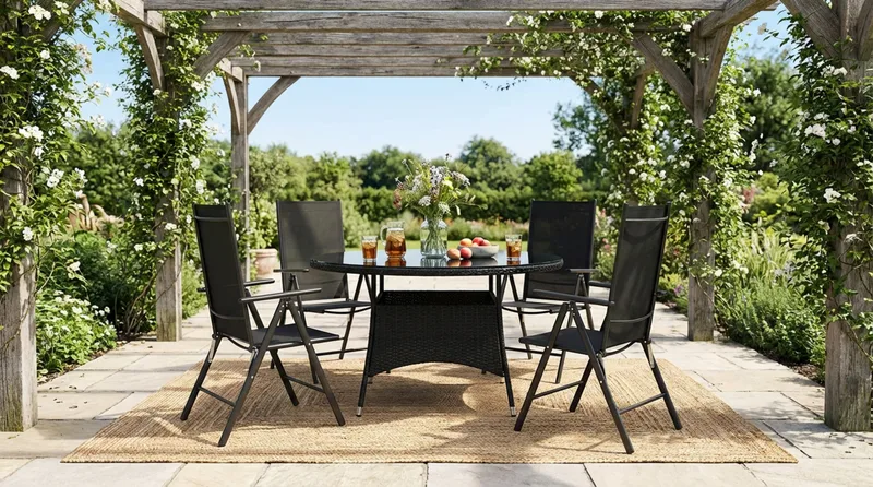 Thor-ulkokäyttöön tarkoitettu pyöreä ruokailuryhmä 140 cm, 4 Maggie-säätötuolilla - Musta - Puutarhakalusteet - Ulkoryhmä - Ruokailuryhmät ulos