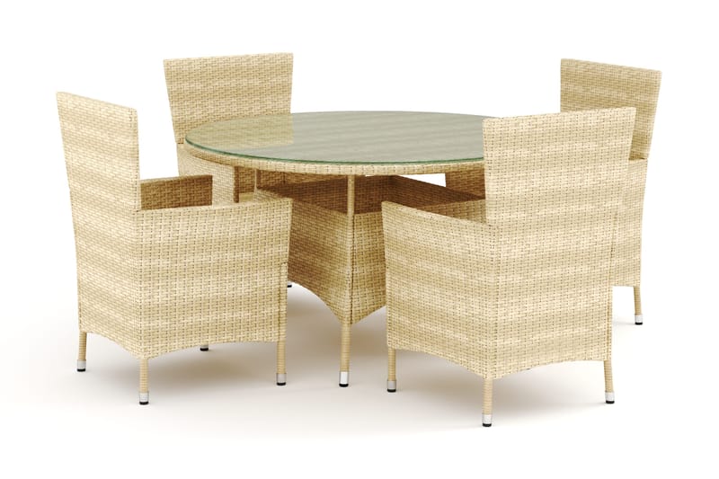 Thor ulkokäyttöön tarkoitettu pyöreä ruokailuryhmä 140 cm, 4 Thor-ulkonojatuolia, Beige