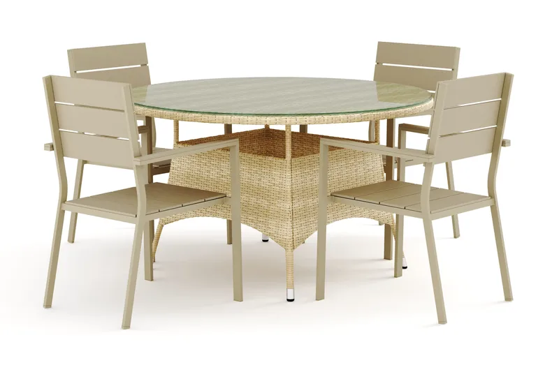 Thor ulkokäyttöön tarkoitettu pyöreä ruokailuryhmä 140 cm, 4 Tunis-pinottavaa tuolia - Beige - Puutarhakalusteet - Ulkoryhmä - Ruokailuryhmät ulos