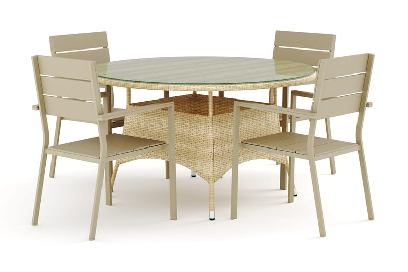 Thor ulkokäyttöön tarkoitettu pyöreä ruokailuryhmä 140 cm, 4 Tunis-pinottavaa tuolia, Beige