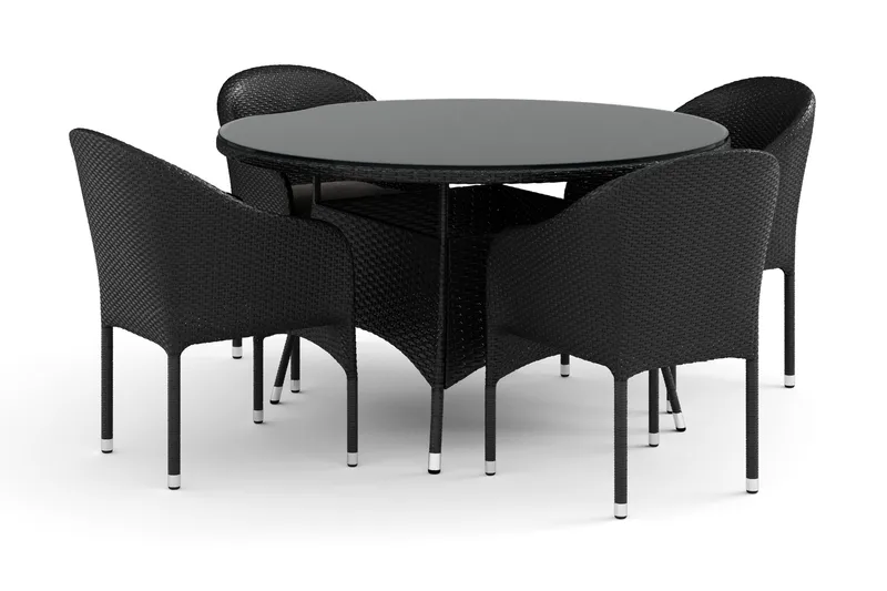 Thor ulkokäyttöön tarkoitettu pyöreä ruokailuryhmä 140 cm, 4 Thor-nojatuolia, Musta