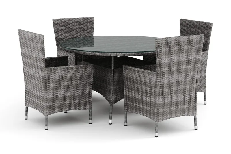 Thor-ulkokäyttöön tarkoitettu pyöreä ruokailuryhmä 140 cm, 4 Thor-ulkonojaistuolilla, Harmaa