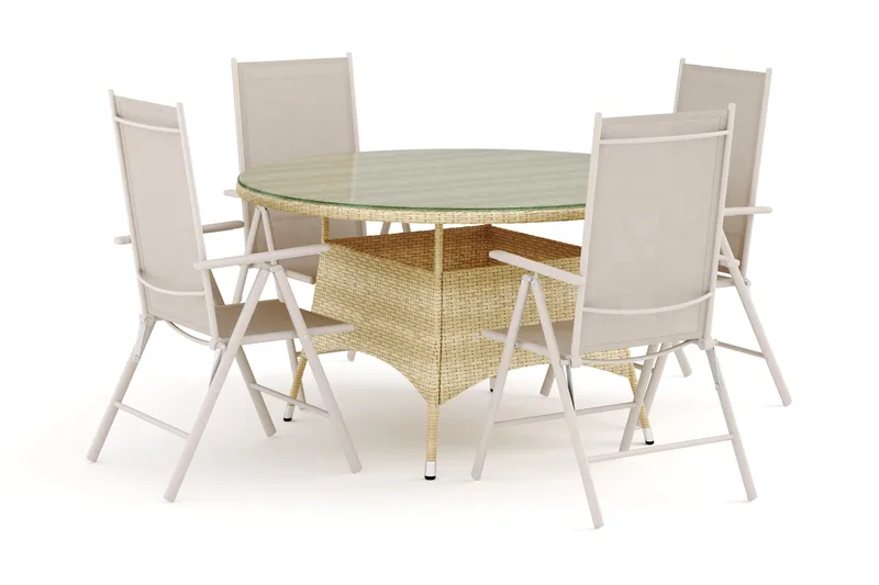 Thor-ulkokäyttöön tarkoitettu pyöreä ruokailuryhmä 140 cm, 4 Maggie-säätötuolilla, Beige