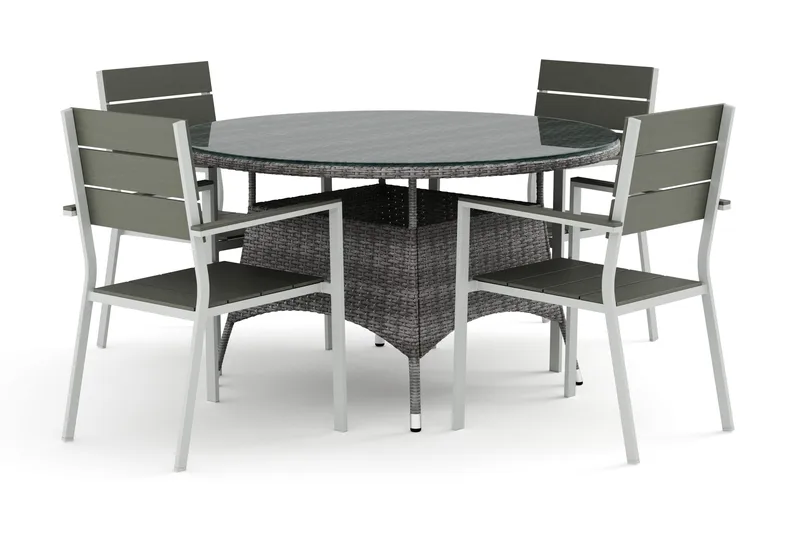 Thor-ulkokäyttöön tarkoitettu pyöreä ruokailuryhmä 140 cm, 4 Tunis-pinottavalla tuolilla, Harmaa