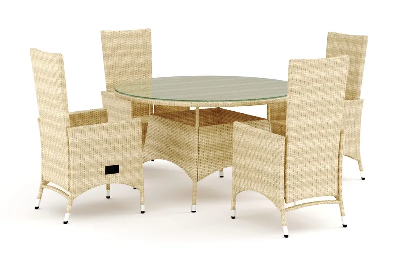 Thor ulkokäyttöön tarkoitettu pyöreä ruokailuryhmä 140 cm, 4 Jenny-ruokatuolia, Beige