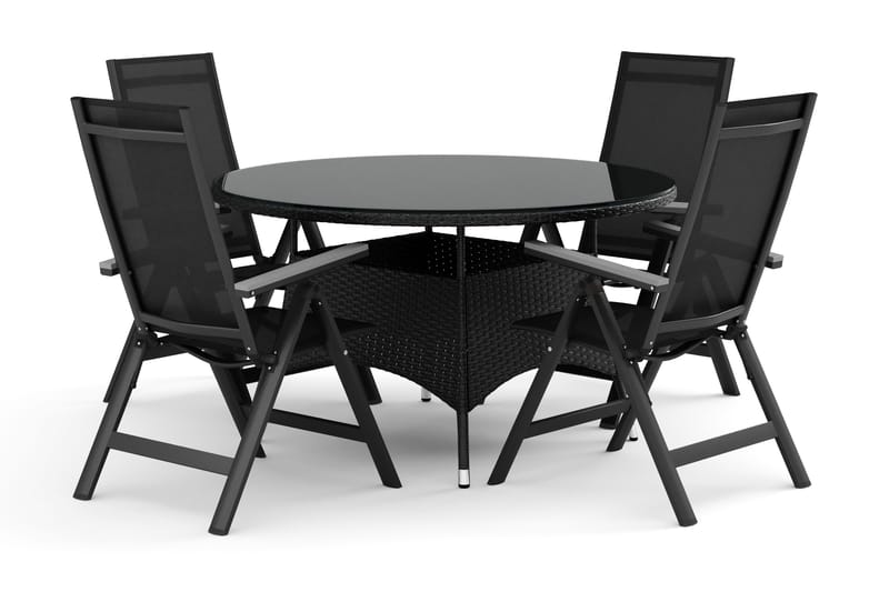 Thor ulkokäyttöön tarkoitettu pyöreä ruokailuryhmä 140 cm, 4 Monaco Light -säätötuolia, Musta