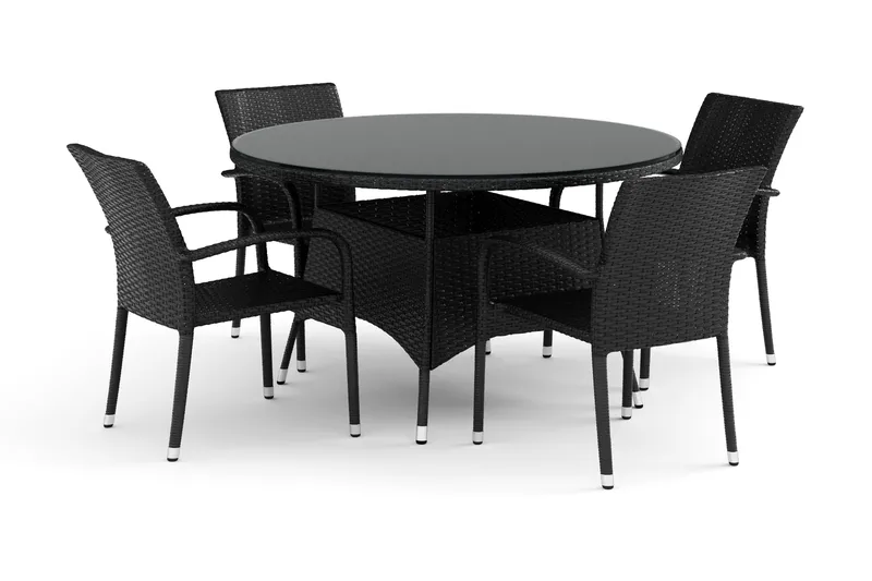 Thor ulkokäyttöön tarkoitettu pyöreä ruokailuryhmä 140 cm, 4 Thor Light -ulkonojatuolia - Musta - Puutarhakalusteet - Ulkoryhmä - Ruokailuryhmät ulos