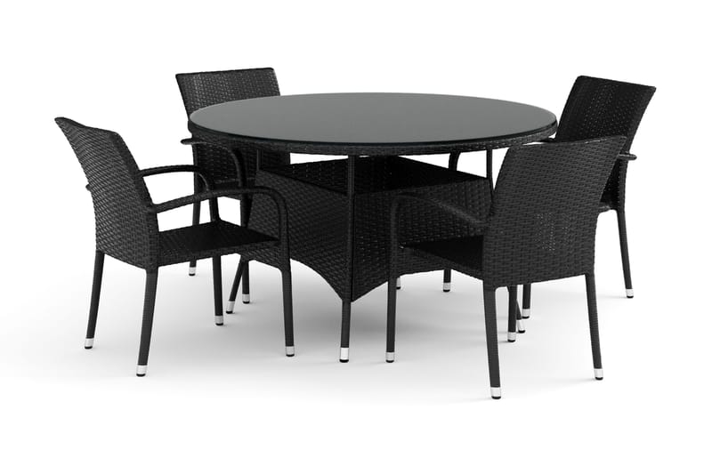 Thor ulkokäyttöön tarkoitettu pyöreä ruokailuryhmä 140 cm, 4 Thor Light -ulkonojatuolia, Musta