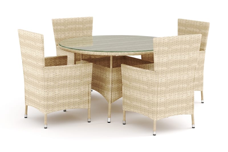 Thor ulkokäyttöön tarkoitettu pyöreä ruokailuryhmä 140 cm, 4 Thor-ulkonojatuolia, Beige