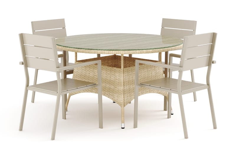 Thor ulkokäyttöön tarkoitettu pyöreä ruokailuryhmä 140 cm, 4 Tunis-pinottavaa tuolia, Beige