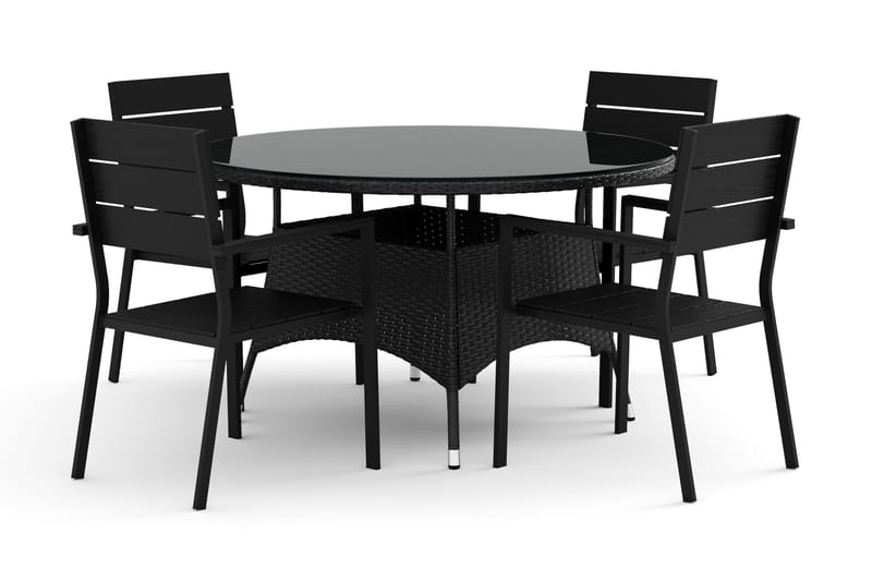 Thor-ulkokäyttöön tarkoitettu pyöreä ruokailuryhmä 140 cm, 4 Tunis-pinottavalla tuolilla - Musta - Puutarhakalusteet - Ulkoryhmä - Ruokailuryhmät ulos
