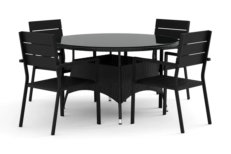 Thor-ulkokäyttöön tarkoitettu pyöreä ruokailuryhmä 140 cm, 4 Tunis-pinottavalla tuolilla, Musta