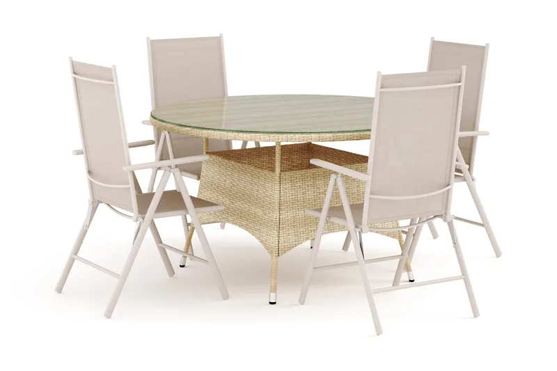 Thor-ulkokäyttöön tarkoitettu pyöreä ruokailuryhmä 140 cm, 4 Maggie-säätötuolilla, Beige