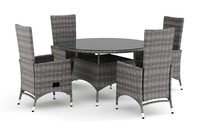 Thor ulkokäyttöön tarkoitettu pyöreä ruokailuryhmä 140 cm, 4 Jenny-ruokatuolia, Harmaa