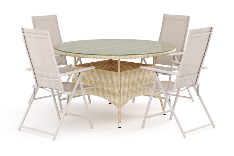 Thor ulkokäyttöön tarkoitettu pyöreä ruokailuryhmä 140 cm, 4 Sanna-säätötuolia, Beige