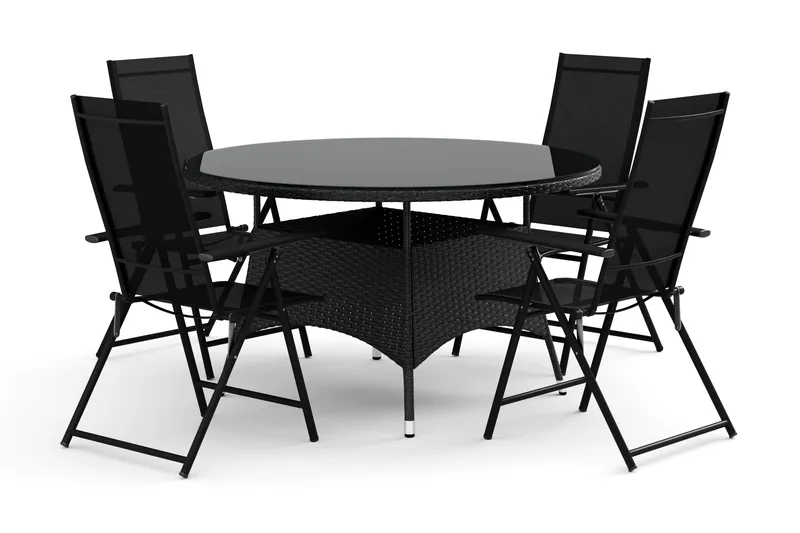 Thor ulkokäyttöön tarkoitettu pyöreä ruokailuryhmä 140 cm, 4 Sanna-säätötuolia, Musta