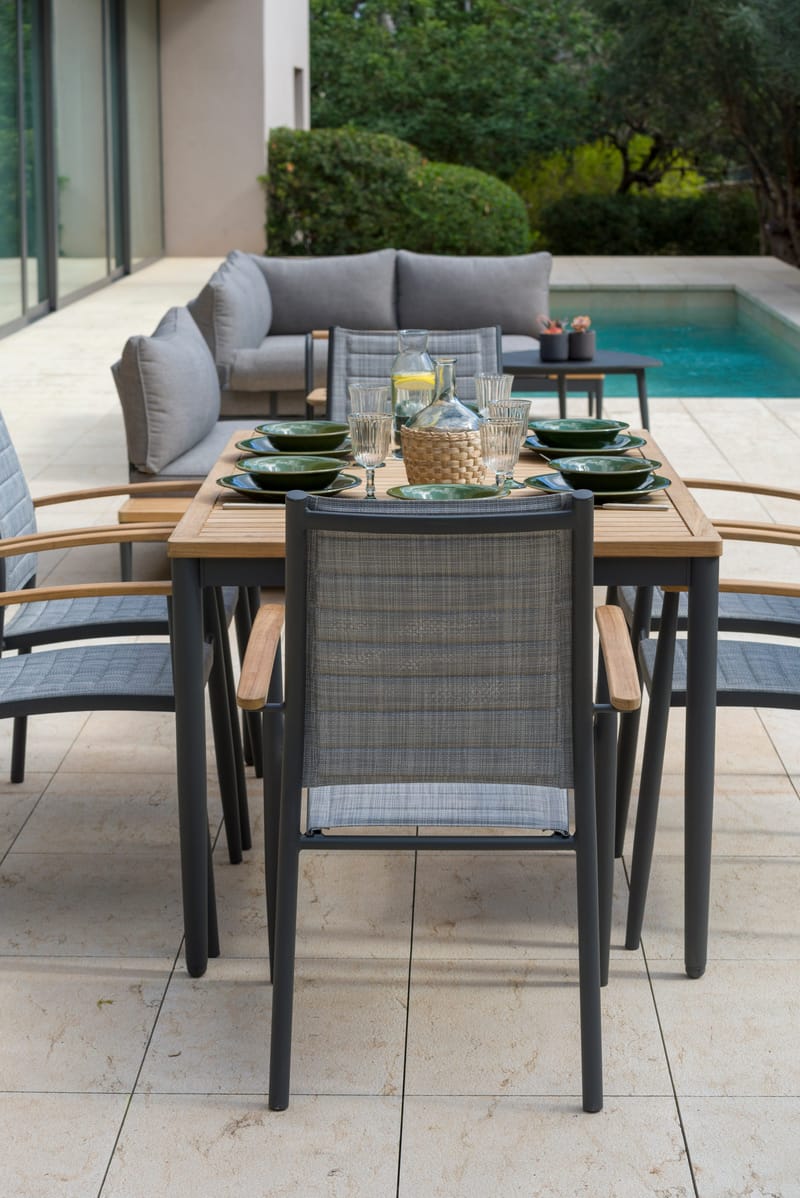 TOPAZ Ulkoruokailuryhmä 144 cm 6 käsinojatuolia - Harmaa - Puutarhakalusteet - Ulkoryhmä - Ruokailuryhmät ulos