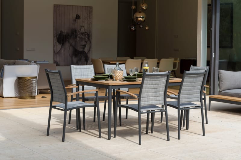 TOPAZ Ulkoruokailuryhmä 144 cm 6 käsinojatuolia - Harmaa - Puutarhakalusteet - Ulkoryhmä - Ruokailuryhmät ulos