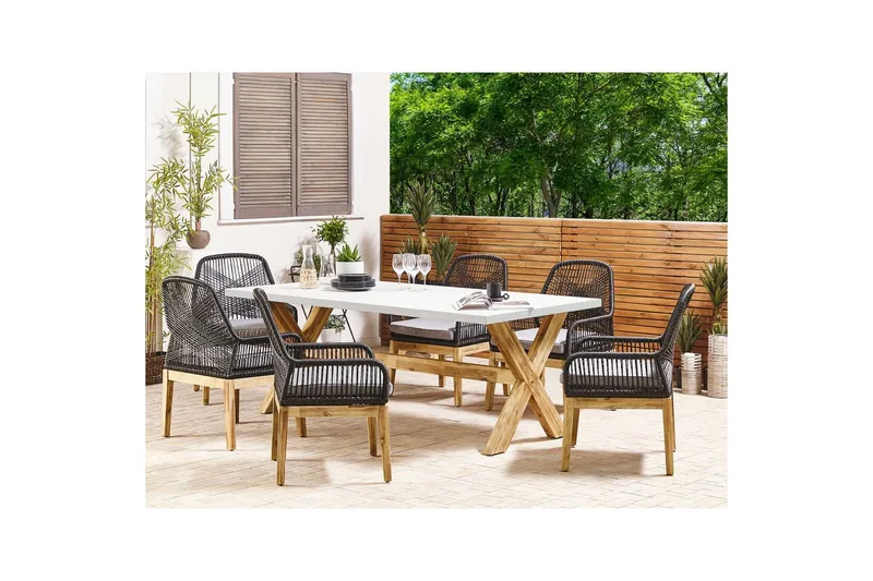 Trädgårdsmöbelset Beliani Olbia 6-sits Krämvit/svart/ljust trä Cream white||Black||Light wood - Puutarhakalusteet - Ulkoryhmä - Ruokailuryhmät ulos