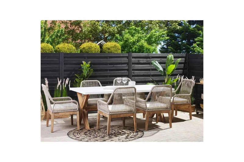 Trädgårdsmöbelset Beliani Olbia 6-sits Krämvit/svart/ljust trä White||Beige||Light wood - Puutarhakalusteet - Ulkoryhmä - Ruokailuryhmät ulos