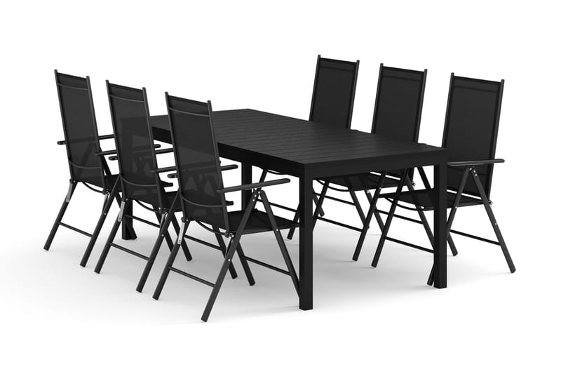 Tunis jatkettava ulkoruokailuryhmä 205/305x90 cm, 6 Maggie-säätötuolia, Musta/musta
