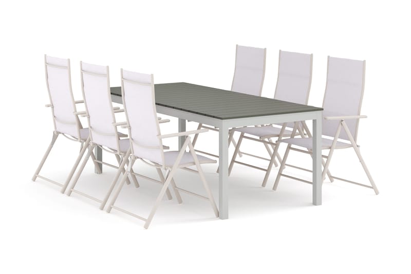 Tunis jatkettava ulkoruokailuryhmä 205/305x90 cm, 6 säätötuolia - Valkoinen/Harmaa - Puutarhakalusteet - Ulkoryhmä - Ruokailuryhmät ulos