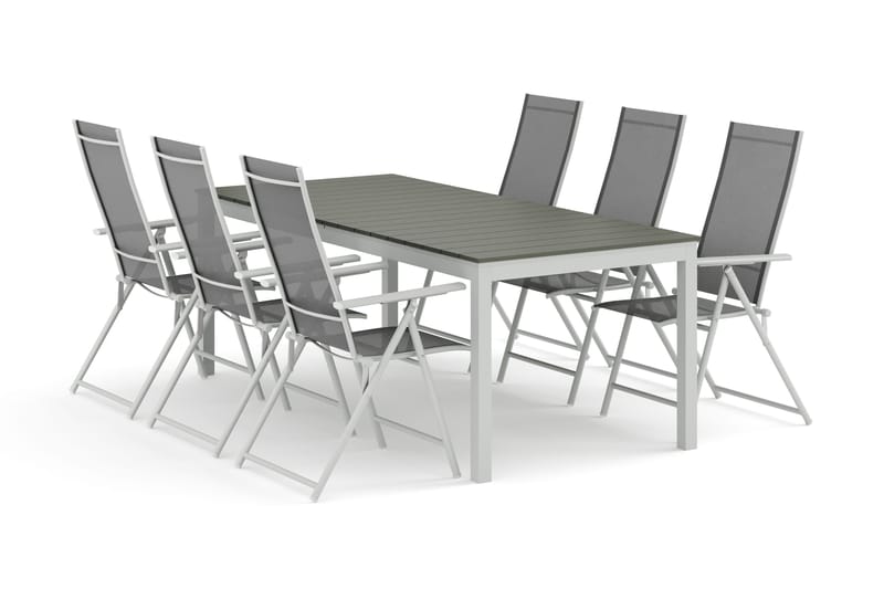 Tunis-jatkettava ulkoruokailuryhmä 205/305x90 cm, 6 Sanna-säätötuolia - Valkoinen/Harmaa - Puutarhakalusteet - Ulkoryhmä - Ruokailuryhmät ulos