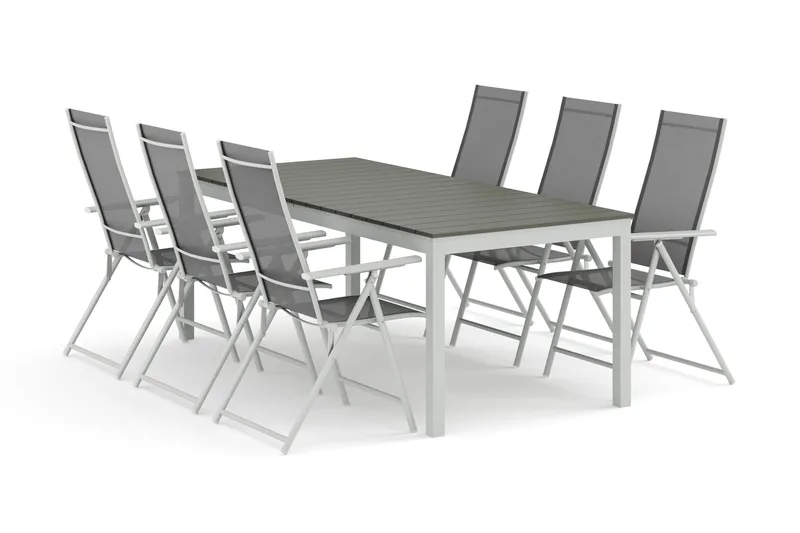 Tunis-jatkettava ulkoruokailuryhmä 205/305x90 cm, 6 Sanna-säätötuolia, Valkoinen/Harmaa