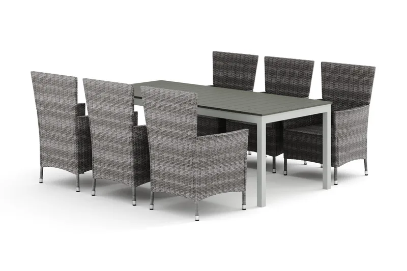 Tunis jatkettava ulkoruokailuryhmä 205/305x90 cm, 6 Thor-ulkokäsinojatuolia, Valkoinen/Harmaa
