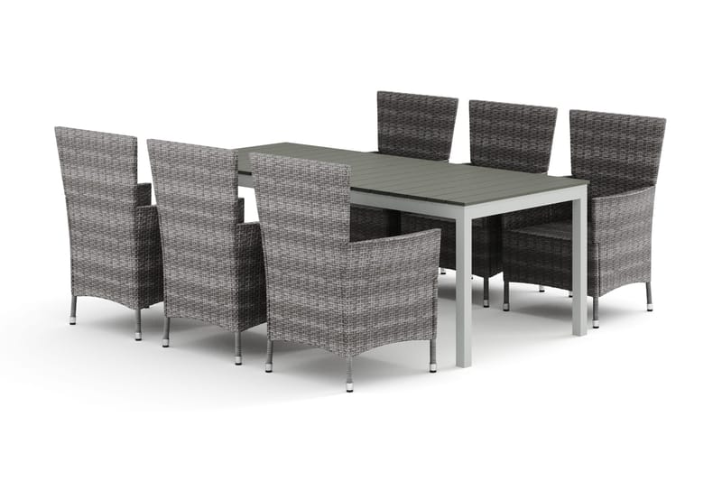 Tunis jatkettava ulkoruokailuryhmä 205/305x90 cm, 6 Thor-ulkokäsinojatuolia, Valkoinen/Harmaa