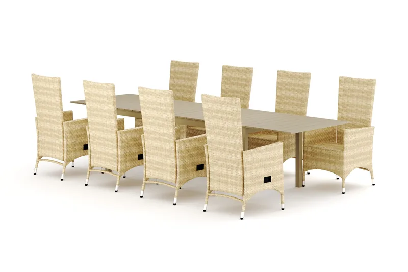 Tunis jatkettava ulkoruokailuryhmä 205/305x90 cm, 8 Jenny-ruokatuolia - Beige/Beige - Puutarhakalusteet - Ulkoryhmä - Ruokailuryhmät ulos