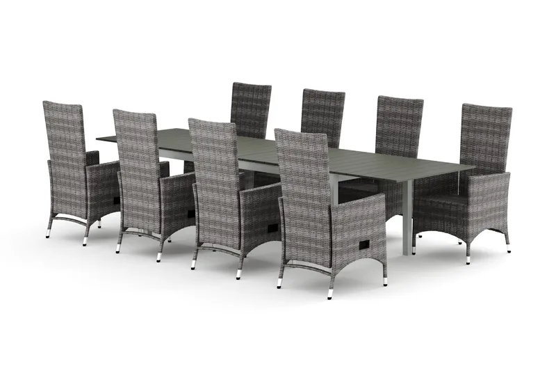 Tunis-jatkettava ulkoruokailuryhmä 205/305x90 cm, 8 Jenny-ruokatuolia - Valkoinen/Harmaa - Puutarhakalusteet - Ulkoryhmä - Ruokailuryhmät ulos