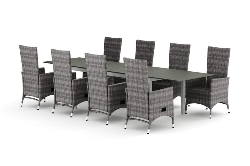 Tunis-jatkettava ulkoruokailuryhmä 205/305x90 cm, 8 Jenny-ruokatuolia, Valkoinen/Harmaa