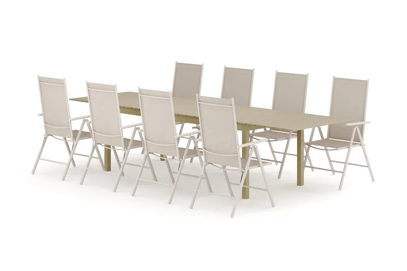 Tunis jatkettava ulkoruokailuryhmä 205/305x90 cm, 8 Maggie-säätötuolia, Beige/Beige