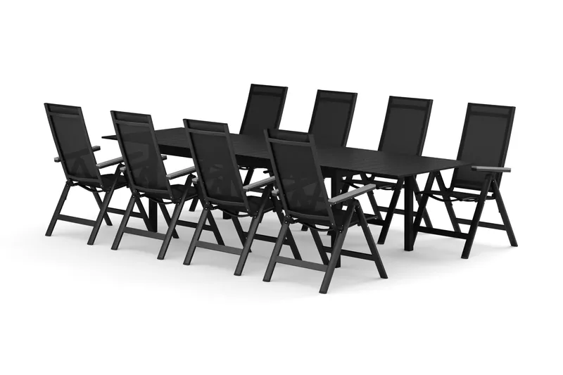 Tunis jatkettava ulkoruokailuryhmä 205/305x90 cm, 8 Monaco Light -säätötuolia, Musta/musta
