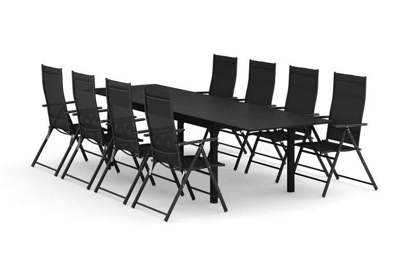 Tunis jatkettava ulkoruokailuryhmä 205/305x90 cm, 8 säätötuolia, Musta/musta